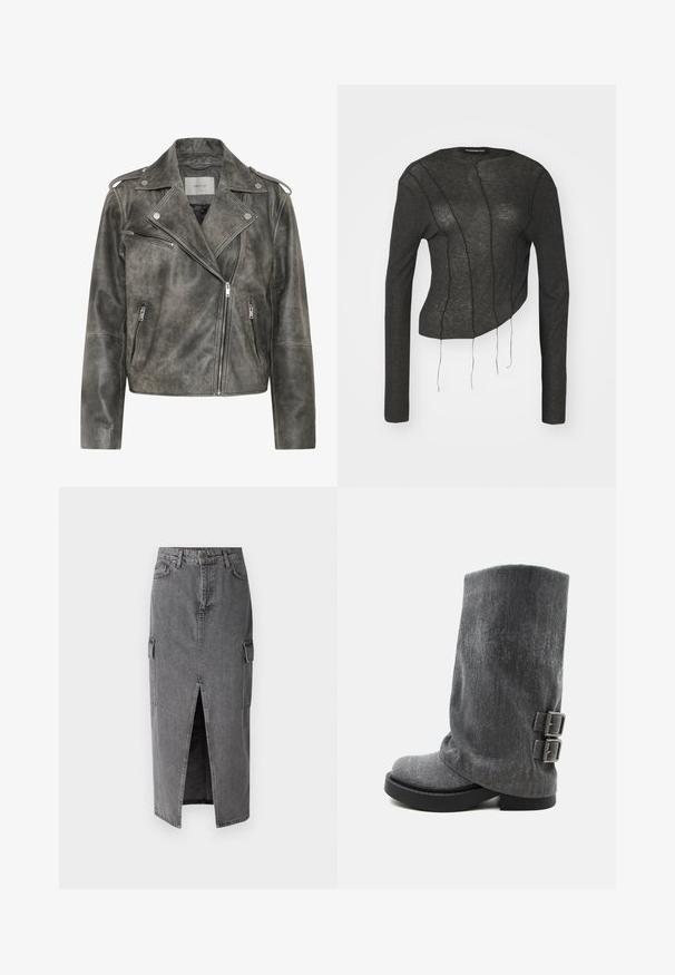 Gestuz VINTAGE JACKET - Læderjakker - cold vintage grey; Mørkegrå beskåret bluse med lange ærmer lavet af letvægtsstof, med fremtrædende sømdetaljer og flydende tråde langs forsiden.; Grå denim midi-nederdel med lige silhuet, to sidelommer og en forslids for lettere bevægelse. Klassisk denim tekstur.; Grå midt på læggen slouchy støvle med sort sål og to justerbare side-spænder vist i profil på hvid baggrund.