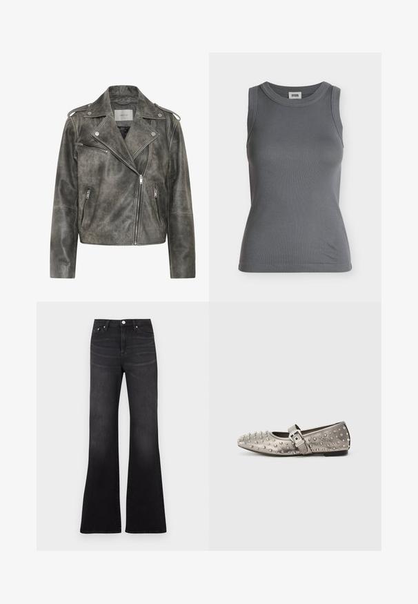 Gestuz VINTAGE JACKET - Veste en cuir - cold vintage grey; Débardeur côtelé gris foncé sans manches avec un col rond et une étiquette de marque à l'intérieur du col.; Jean flare noir en tissu denim, avec une taille haute, un design cinq poches, et une légère décoloration vers l'ourlet des jambes.; Chaussure plate grise à bout rond, ornée de clous métalliques, avec une sangle latérale présentant un détail de boucle en argent. Texture lisse.