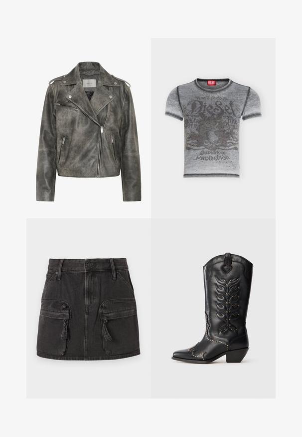 Gestuz VINTAGE JACKET - Leren jas - cold vintage grey; Grijs Diesel T-shirt met korte mouwen met vervaagde afbeelding van eenhoorn, tekst en een patroon van kleine zwarte stippen aan de voorkant.; Zwarte jeansrok met een aansluitende taille, twee voorste cargozakken en een vervaagde textuur. Voorzien van een knoopsluiting en riemlussen.; Zwarte leren cowboylaars met gouden studs, puntige neus, decoratief stikwerk en een korte blokhak. Reliëf van een bladmotief op de schacht.