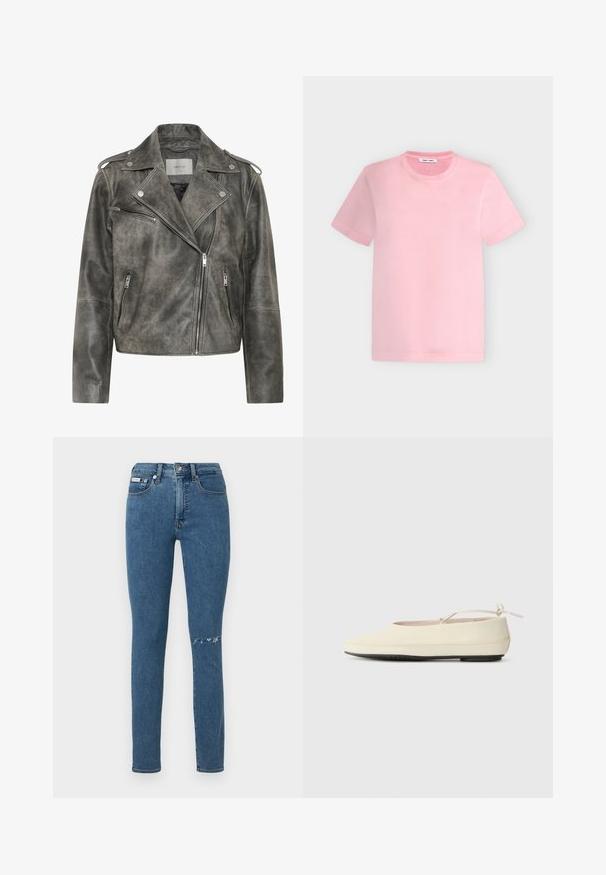 Gestuz VINTAGE JACKET - Læderjakker - cold vintage grey; Rosa t-shirt med korte ærmer og rund hals med ensfarvet design på en lys grå baggrund.; Falmede blå denimjeans med en slank pasform, med en revne på højre knæ og klassisk design med fem lommer.; Cremefarvede flade sko med rund tå, ankelrem og kontrasterende sort gummisål. Glat materiale med minimal detaljer.