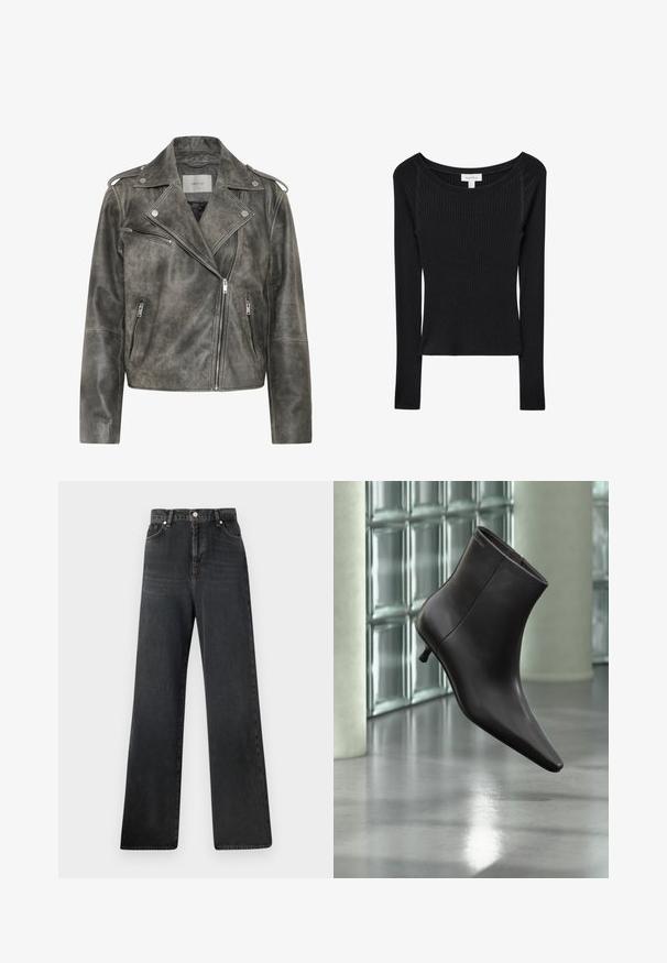 Gestuz VINTAGE JACKET - Veste en cuir - cold vintage grey; Haut noir à manches longues en tissu côtelé. Présente un large col bateau et une coupe ajustée, avec des détails de coutures discrètes le long des coutures.; Jean noir à jambes larges avec une taille haute, doté d'une fermeture à boutons, de cinq poches et d'une légère décoloration sur la texture du tissu.; Bottine en cuir noir avec bout pointu et petit talon, présentée devant un mur en blocs de verre et un sol poli.