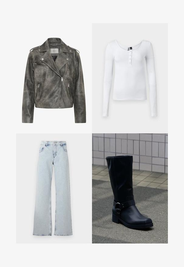 Gestuz VINTAGE JACKET - Lederjacke - cold vintage grey; Weißes langärmliges, geripptes Oberteil mit Rundhalsausschnitt und vier Knöpfen auf der Vorderseite. Der Stoff hat eine glatte Textur und eine figurbetonte Passform.; Hellblaue weite Jeans aus Denim, mit hoher Taille, Gürtelschlaufen, fünf Taschen und ausgebleichten Bereichen für einen Vintage-Look.; Schwarzer Lederstiefel bis zur Mitte der Wade mit niedrigem Blockabsatz und dekorativem Riemen mit Metallschnalle um den Knöchel, auf einem gefliesten Gehweg.