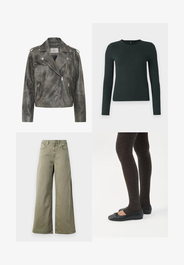 Gestuz VINTAGE JACKET - Læderjakker - cold vintage grey; Ribbet langærmet top i mørkegrøn, lavet af et blødt materiale med rund halsudskæring og tætsiddende design. Den strækbare tekstur øger komforten.; Højtaljede, olivengrønne vide jeans med frontknap, lynlås og fem lomme-design på en hvid baggrund.; Ben iført mørke ribbede leggings kombineret med sorte balletsko med små sløjfedetaljer på hvid baggrund.