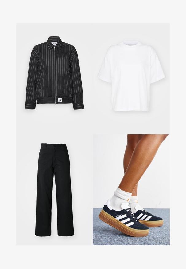 Chaqueta negra con rayas verticales blancas, cremallera en la parte delantera, cuello puntiagudo y un parche con logo en el dobladillo. Hecha de una tela suave.; Camiseta de algodón blanca con cuello redondo, mangas cortas y un corte relajado. Presenta un logo sutil en el área del pecho izquierdo. Textura suave.; Pantalones de pierna ancha negros con un frente plano, cierre de botón y pasadores para cinturón. Hechos de una tela duradera con una textura suave.; Piernas con calcetines blancos y zapatillas Adidas Gazelle negras con rayas blancas y suelas marrones gruesas sobre un suelo alfombrado gris.
