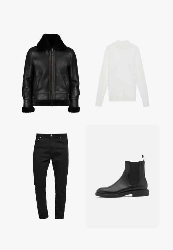 Chaqueta de cuero negra con un suave cuello de piel sintética negra, cremallera frontal, bolsillos laterales y una superficie ligeramente texturada. Presenta puños forrados de piel.; Jersey blanco de cuello alto, con mangas largas y puños y dobladillo acanalados. Fabricado en un suave tejido de punto. Diseño simple y ajustado.; Jeans negros de tela de mezclilla, diseño ajustado, estilo de cinco bolsillos, cierre de botón metálico, con detalles de costura y una textura suave.; Botín de cuero negro con textura suave, paneles laterales elásticos y una lengüeta. Punta redonda y suela de goma plana con mínimo dibujo.