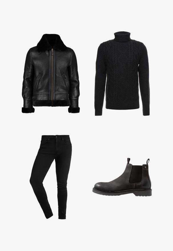 Chaqueta de cuero negra con un suave cuello de piel sintética negra, cremallera frontal, bolsillos laterales y una superficie ligeramente texturada. Presenta puños forrados de piel.; Suéter negro de punto trenzado con cuello alto. Patrón texturizado en toda la prenda, color sólido, dobladillo y puños acanalados, mangas largas.; Jeans skinnies negros de denim, con un diseño clásico de cinco bolsillos, cierre de botón y detalles de costura mínimos.; Botín Chelsea de cuero negro con paneles laterales elásticos, superficie texturizada y suela de goma. Presenta un tirador en rojo y azul.