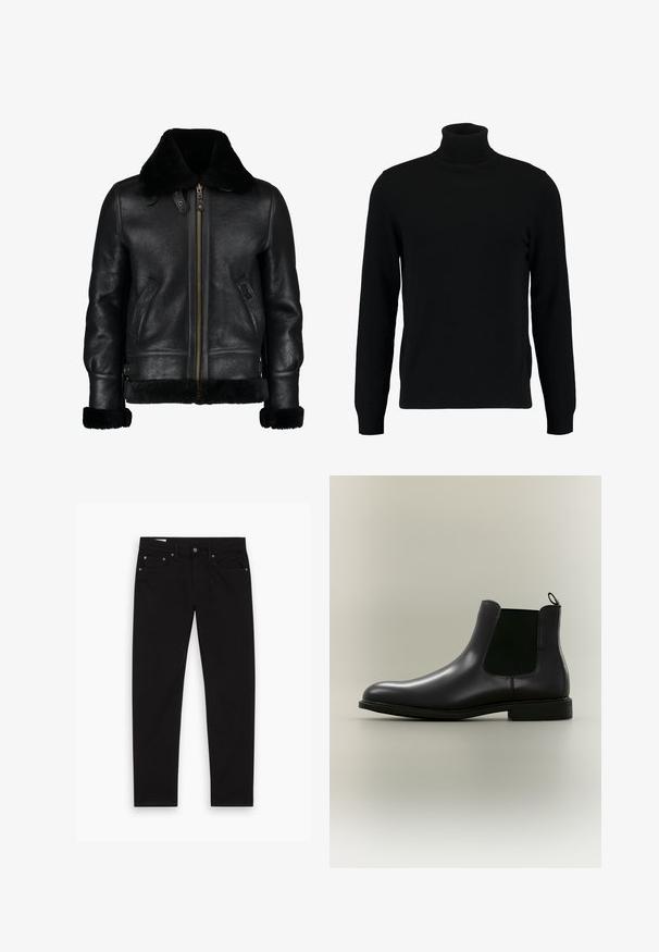 Chaqueta de cuero negra con un suave cuello de piel sintética negra, cremallera frontal, bolsillos laterales y una superficie ligeramente texturada. Presenta puños forrados de piel.; Jersey de cuello alto negro hecho de un material de punto suave. Cuenta con mangas largas, collar y dobladillo acanalados. Diseño simple y elegante sin patrones.; Jeans negros de pierna recta con bolsillos frontales y traseros, bucles para cinturón y cierre de botón y cremallera, extendidos sobre un fondo blanco.; Bota Chelsea de cuero negro con paneles laterales elásticos y una lengüeta en un fondo neutro, mostrada de perfil.