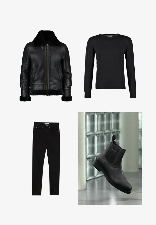 Chaqueta de cuero negra con un suave cuello de piel sintética negra, cremallera frontal, bolsillos laterales y una superficie ligeramente texturada. Presenta puños forrados de piel.; Suéter negro de punto con mangas largas, cuello redondo y puños y dobladillo de canalé. Textura suave y diseño ajustado.; Jeans skinnies de mezclilla negra con una textura suave, diseño de cinco bolsillos, costuras en contraste y una etiqueta de marca en la banda de la cintura.; Botín negro de piel con panel lateral elástico y lengüeta para tirar, mostrado en un entorno interior moderno con pared de bloques de vidrio de fondo.