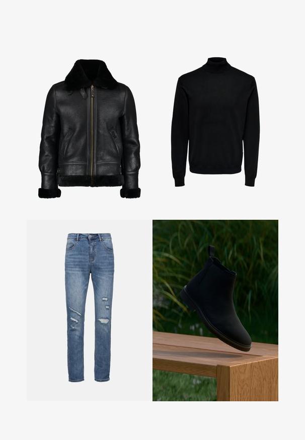 Chaqueta de cuero negra con un suave cuello de piel sintética negra, cremallera frontal, bolsillos laterales y una superficie ligeramente texturada. Presenta puños forrados de piel.; Suéter de cuello alto negro, hecho de tela suave, con mangas largas, puños y dobladillo acanalados, diseño de cuello ajustado y textura lisa.; Jeans de mezclilla azul con corte recto, que presentan parches desgastados, cinco bolsillos y un cierre de botón. Diseño clásico de tiro medio.; Bota Chelsea negra de cuero liso, con lengüeta para tirar, punta redonda, paneles laterales elásticos y tacón bajo. Exhibida sobre una superficie de madera.