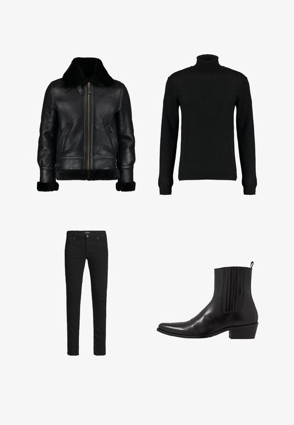 Chaqueta de cuero negra con un suave cuello de piel sintética negra, cremallera frontal, bolsillos laterales y una superficie ligeramente texturada. Presenta puños forrados de piel.; Suéter negro de cuello alto en un tejido de punto suave, con mangas largas y una silueta ajustada. Puños y dobladillo acanalados.; Jeans negros ajustados con cinco bolsillos, cierre de botón y ansias para cinturón, etiquetados como Jack & Jones.; Bota de cuero negro hasta el tobillo con punta afilada, paneles laterales elásticos, acentos de costura vertical y un tacón bajo y cuadrado.
