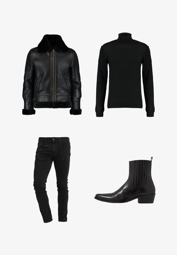 Chaqueta de cuero negra con un suave cuello de piel sintética negra, cremallera frontal, bolsillos laterales y una superficie ligeramente texturada. Presenta puños forrados de piel.; Suéter negro de cuello alto en un tejido de punto suave, con mangas largas y una silueta ajustada. Puños y dobladillo acanalados.; Vaqueros ajustados negros con bolsillos frontales, presillas para cinturón, cierre de botón y ligera arruga a lo largo de las piernas.; Bota de cuero negro hasta el tobillo con punta afilada, paneles laterales elásticos, acentos de costura vertical y un tacón bajo y cuadrado.