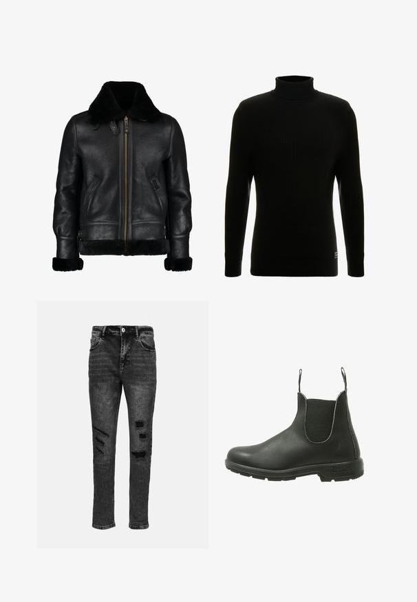 Chaqueta de cuero negra con un suave cuello de piel sintética negra, cremallera frontal, bolsillos laterales y una superficie ligeramente texturada. Presenta puños forrados de piel.; Suéter negro de cuello alto con mangas largas, textura acanalada, silueta ajustada y pequeña etiqueta de la marca en la parte inferior izquierda.; Jeans de denim negro con un corte ajustado, que presentan desgarros desgastados en los muslos y las rodillas, cinco bolsillos y un cierre clásico de botón.; Bota Chelsea de cuero negro con paneles laterales elásticos, puntera redondeada y suela de goma texturizada, diseñada para un uso fácil al poner y quitar.