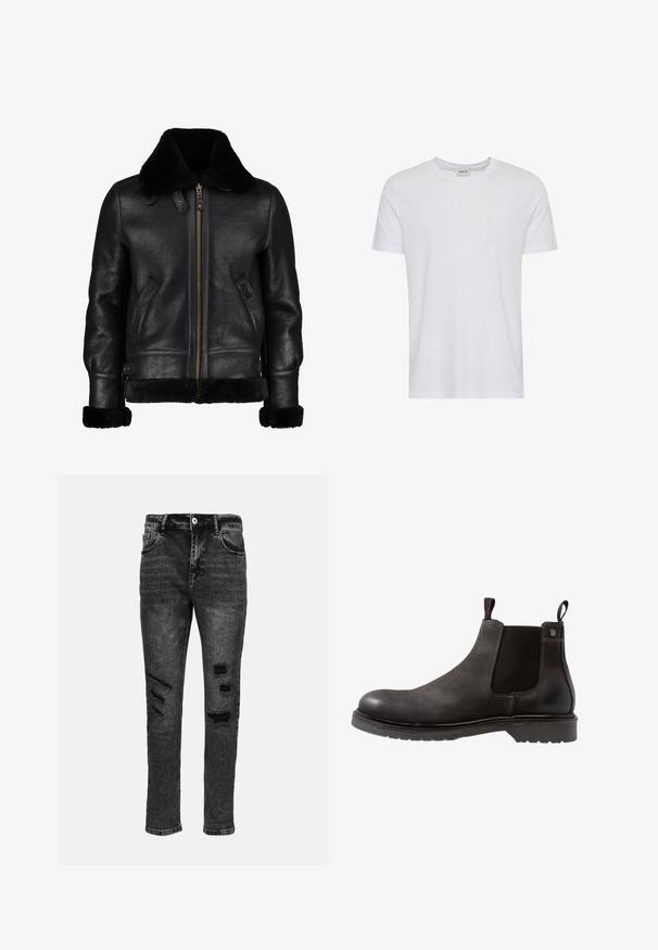 Chaqueta de cuero negra con un suave cuello de piel sintética negra, cremallera frontal, bolsillos laterales y una superficie ligeramente texturada. Presenta puños forrados de piel.; Camiseta blanca lisa de manga corta y cuello redondo, mostrada sobre un fondo blanco, con una pequeña etiqueta en el cuello que muestra la marca “Solid”.; Jeans de denim negro con un corte ajustado, que presentan desgarros desgastados en los muslos y las rodillas, cinco bolsillos y un cierre clásico de botón.; Botín Chelsea de cuero negro con paneles laterales elásticos, superficie texturizada y suela de goma. Presenta un tirador en rojo y azul.