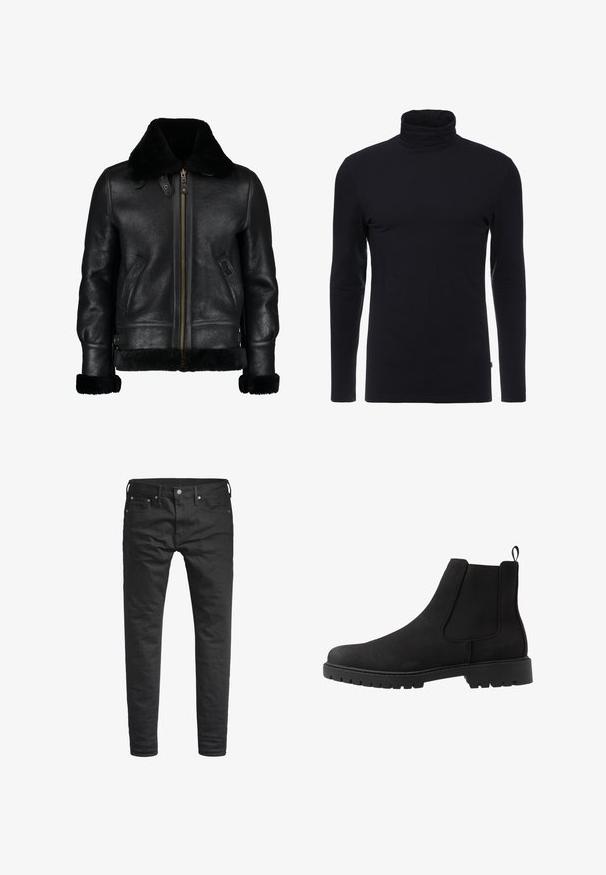 Chaqueta de cuero negra con un suave cuello de piel sintética negra, cremallera frontal, bolsillos laterales y una superficie ligeramente texturada. Presenta puños forrados de piel.; Camisa de cuello alto negra de manga larga, hecha de una tela suave y elástica. Presenta un diseño ajustado y una textura lisa. Sin patrones ni acentos visibles.; Jeans negros ajustados con bolsillos frontales, cinturas y cierre de botón, exhibidos sobre un fondo blanco.; Pier One UNISEX - Botines - black