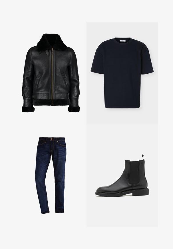 Zwarte leren jack met een zachte zwarte nepbont kraag, voorkant met rits, zijzakken en een lichtjes geprofileerd oppervlak. Heeft voering van bont bij de manchetten.; Zwarte T-shirt met korte mouwen en ronde hals, een losse pasvorm en subtiel gestructureerde stof, weergegeven op een effen lichte achtergrond.; Donkerblauwe denim jeans met een slim fit, voorzien van oranje stiksels, vijf zakken en een sluiting met knopen en ritssluiting.; Zwarte leren enkelboot met een gladde textuur, elastische zijpanelen en een trekhaak. Ronde neus en platte rubberen zool met minimale profiel.