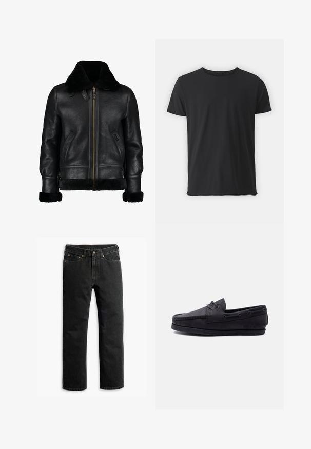 Chaqueta de cuero negra con un suave cuello de piel sintética negra, cremallera frontal, bolsillos laterales y una superficie ligeramente texturada. Presenta puños forrados de piel.; Camiseta de manga corta negra, hecha de algodón suave, con un cuello redondo clásico y una textura suave, con un corte recto.; Jeans de mezclilla negros de pierna recta con cinco bolsillos, trabillas para cinturón y un cierre de botón en la cintura, dispuestas en una superficie plana sobre un fondo blanco.; Mocasín negro de cuero con cordones, costuras cosidas y una suela de goma plana y suave, visto de lado sobre un fondo blanco.