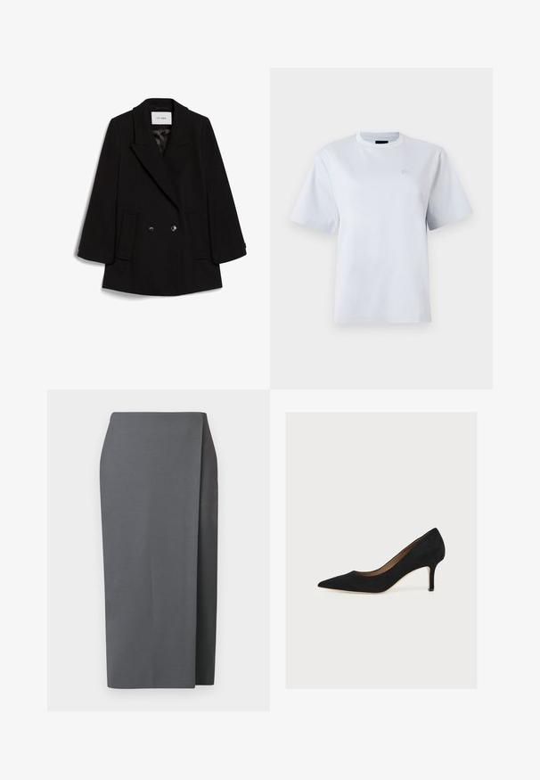 Abrigo negro de doble botonadura con solapa, dos bolsillos frontales y una textura sutil, con botones redondos negros.; Camiseta blanca de manga corta con cuello redondo y un pequeño logo bordado en el pecho izquierdo.; Falda gris hasta la rodilla con un diseño elegante. Hecha de tela suave, presenta una abertura lateral y líneas limpias para un aspecto minimalista.; Zapato de salón negro de ante con punta afilada, tacón stiletto de altura media y suela interior color cuero claro sobre un fondo claro.