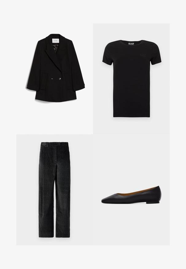 Abrigo negro de doble botonadura con solapa, dos bolsillos frontales y una textura sutil, con botones redondos negros.; Camiseta negra de manga corta hecha de algodón con cuello redondo, con un logo sutil en el pecho. Textura suave, diseño ajustado.; Pantalones de pierna ancha texturizados en negro con un tejido pronunciado, que presentan pliegues frontales y una cinturilla plana. Diseño clásico para versatilidad.; Zapato plano de punta puntiaguda de cuero negro con tacón bajo y acabado liso, mostrado de perfil sobre un fondo gris claro.