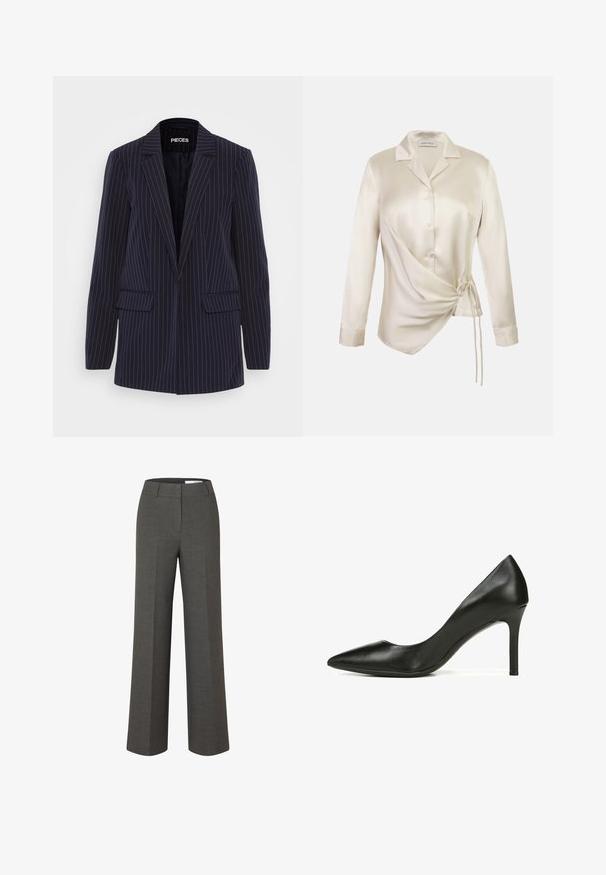 Marineblauw pinstripe blazer met geknipte revers, lange mouwen, klepzakken en een getailleerde pasvorm.; Crèmekleurige satijnen blouse met een kraag, lange mouwen, een knoopsluiting aan de voorkant en een asymmetrisch overslagontwerp met een koorddetail aan één kant.; Donkergrijze, op maat gemaakte broek met wijde pijpen, voorplooien en tailleband met riemlussen tegen een witte achtergrond.; Zwarte leren high-heeled pump met een spitse neus en een gladde textuur. Heeft een gematigde hakhoogte en een strakke, minimalistische uitstraling.