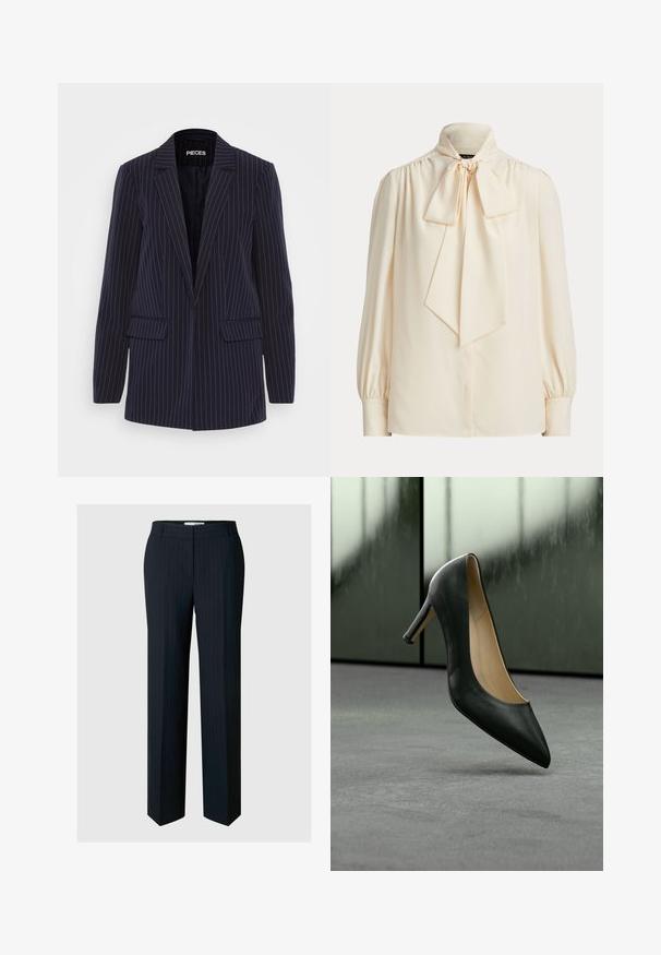 Blazer bleu marine à rayures verticales avec revers crantés, manches longues, poches à rabat et coupe ajustée.; Blouse crème à manches longues avec un col montant et un grand nœud noué au cou, avec des épaules froncées et des manches à poignets.; Selected Viscose Blend Pinstripe - Pantalon classique - dark sapphire; Chaussure noire en cuir à talons hauts avec bout pointu lévitant au-dessus d’un sol recouvert de tapis gris devant des panneaux en verre dépoli.