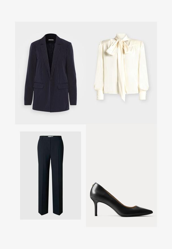 Blazer bleu marine à rayures verticales avec revers crantés, manches longues, poches à rabat et coupe ajustée.; Blouse de couleur crème avec col lavallière, manches longues ornées de boutons aux poignets, et une texture lisse et brillante.; Selected Viscose Blend Pinstripe - Pantalon classique - dark sapphire; Chaussure à talon haut noire en cuir avec un bout pointu et un talon stiletto fin de hauteur moyenne sur un fond clair uni.