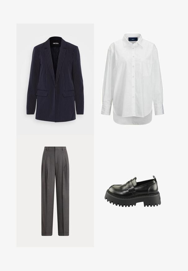 Blazer a rayas azul marino con solapas de muesca, mangas largas, bolsillos de solapa y un corte entallado.; Camisa blanca de manga larga en algodón suave con cuello abotonado, bolsillo frontal y dobladillo curvado. Cuenta con un canesú en la parte posterior para mayor estructura.; Pantalones a medida gris oscuro de talle alto con pliegues delanteros, trabillas para cinturón, bolsillos laterales y piernas anchas y rectas.; Mocasines de cuero negro con una suela gruesa de goma negra texturizada. Presentan una puntera redonda y una correa decorativa en el empeine.