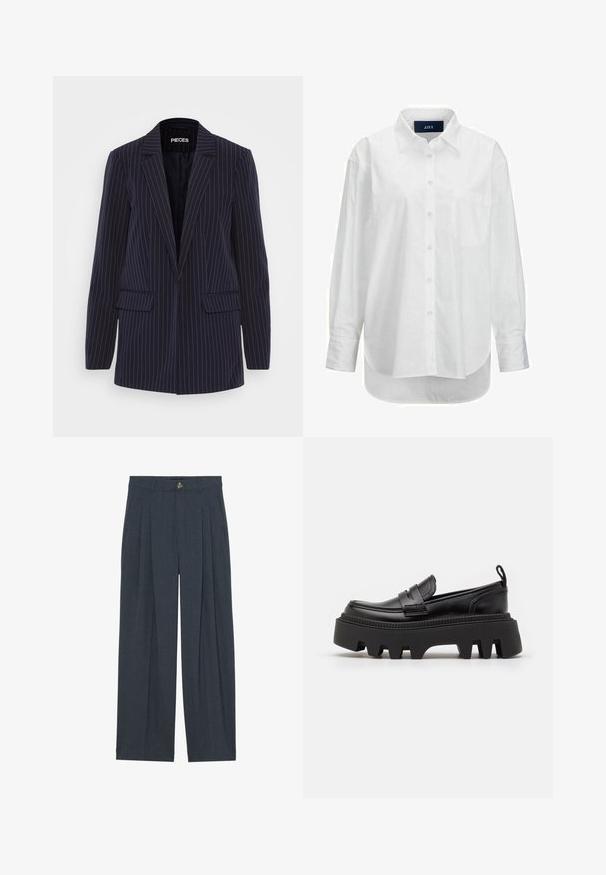 Marineblauw pinstripe blazer met geknipte revers, lange mouwen, klepzakken en een getailleerde pasvorm.; Witte lange mouwen shirt van glad katoen met een button-down kraag, voorzak en ronde zoom. Heeft een achterpand voor extra structuur.; Wijduitlopende broeken van gestructureerde donkergrijze stof, met voren geplooide details, een knoopsluiting en praktische zijzakken.; Zwarte leren instappers met een stevige zwarte rubberen zool, voorzien van antislipgroeven en een decoratieve band aan de voorkant.