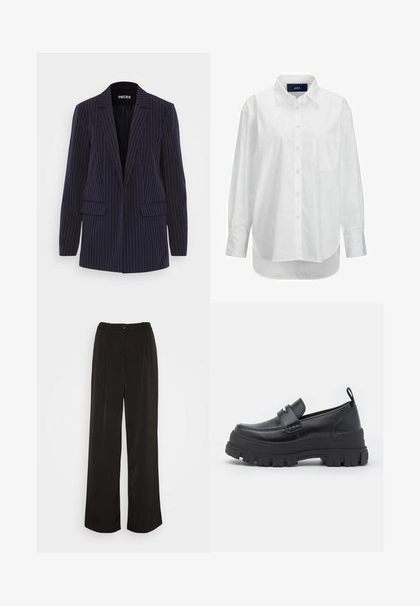 Blazer a rayas azul marino con solapas de muesca, mangas largas, bolsillos de solapa y un corte entallado.; Camisa blanca de manga larga en algodón suave con cuello abotonado, bolsillo frontal y dobladillo curvado. Cuenta con un canesú en la parte posterior para mayor estructura.; Vero Moda Wide leg VMLUNADESI Mid waist - Pantalones - black; Mocasín de cuero negro con suela gruesa y acanalada, costuras en la puntera estilo mocasín, detalle de correa en la parte superior y tira para tirar en el talón, mostrado de perfil lateral.