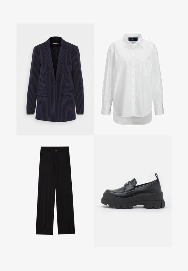 Blazer bleu marine à rayures verticales avec revers crantés, manches longues, poches à rabat et coupe ajustée.; Chemise blanche à manches longues en coton doux avec un col boutonné, une poche à l'avant et un ourlet arrondi. Présente un empiècement au dos pour plus de structure.; Pantalons noirs à jambes larges en tissu lisse, avec poches avant et fermeture à bouton à la taille. Design minimaliste sans motifs.; Mocassin en cuir noir avec semelle épaisse rainurée, couture moc toe, détail de sangle sur le dessus et languette au talon, présenté de profil.