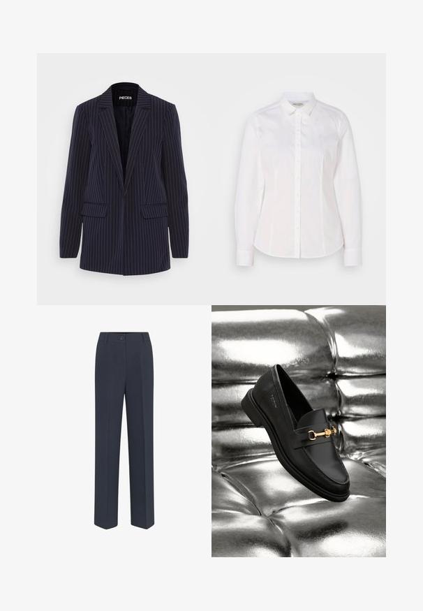 Blazer bleu marine à rayures verticales avec revers crantés, manches longues, poches à rabat et coupe ajustée.; Chemise blanche à boutons fabriquée en coton lisse, avec un col classique, des manches longues et un logo subtil sur la poitrine. Présente une fermeture à boutons sur le devant.; Pantalons ajustés bleu marine avec une coupe droite, dotés d'une fermeture à bouton sur le devant et de détails de plis discrets. Texture de tissu lisse.; Mocassin en cuir noir avec un détail en métal doré. La chaussure présente un design épuré et une texture lisse et brillante.