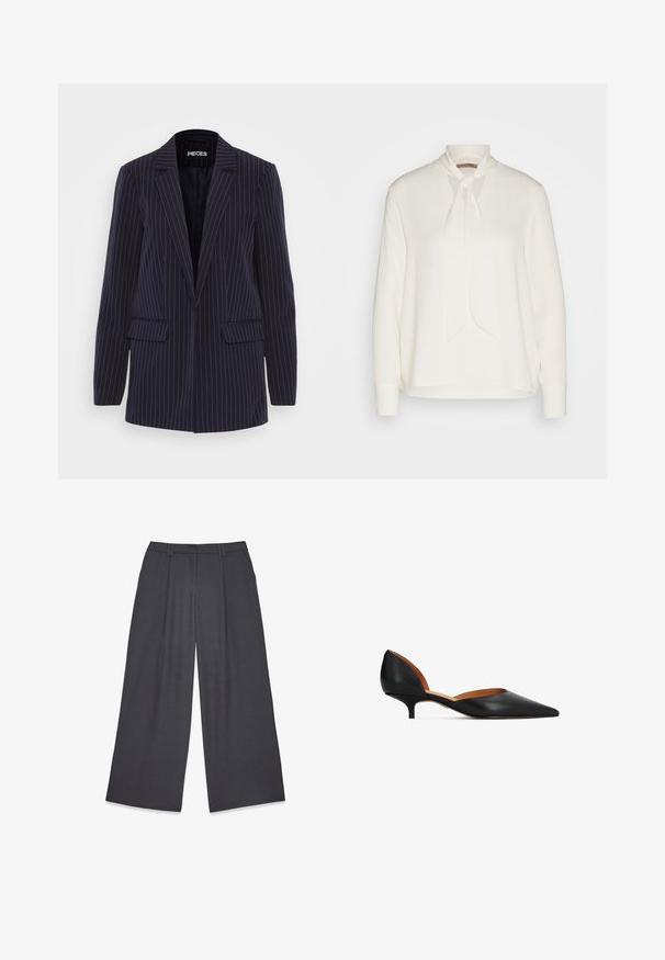 Marineblå blazer med smalle striber, med spaltestik, lange ærmer, klaplommer og en skræddersyet pasform.; Hvid langærmet skjorte med bindebånd ved halsen, der har en glat overflade og en afslappet pasform. Enkel og elegant uden yderligere mønstre.; Viddebenede bukser i mørkegrå stof, med flad front og to plisseringer, bæltestropper og dybe sidelommer. Glat tekstur og skræddersyet design.; Sorte læder kitten-heel sko med spids tå, åbne sider og en indersål i tanlæder. Hælen har en let bue og er struktureret.
