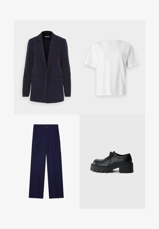 Blazer bleu marine à rayures verticales avec revers crantés, manches longues, poches à rabat et coupe ajustée.; T-shirt blanc uni à manches courtes et col rond, présenté à plat sur un fond gris clair.; Pantalon en large jambe bleu marine en tissu doux, avec une fermeture à un bouton et deux poches avant. Texture lisse sans motifs.; Chaussure en cuir noir à lacets avec une semelle en caoutchouc noir épaisse et texturée et un bout arrondi. Présente des détails de couture discrets.