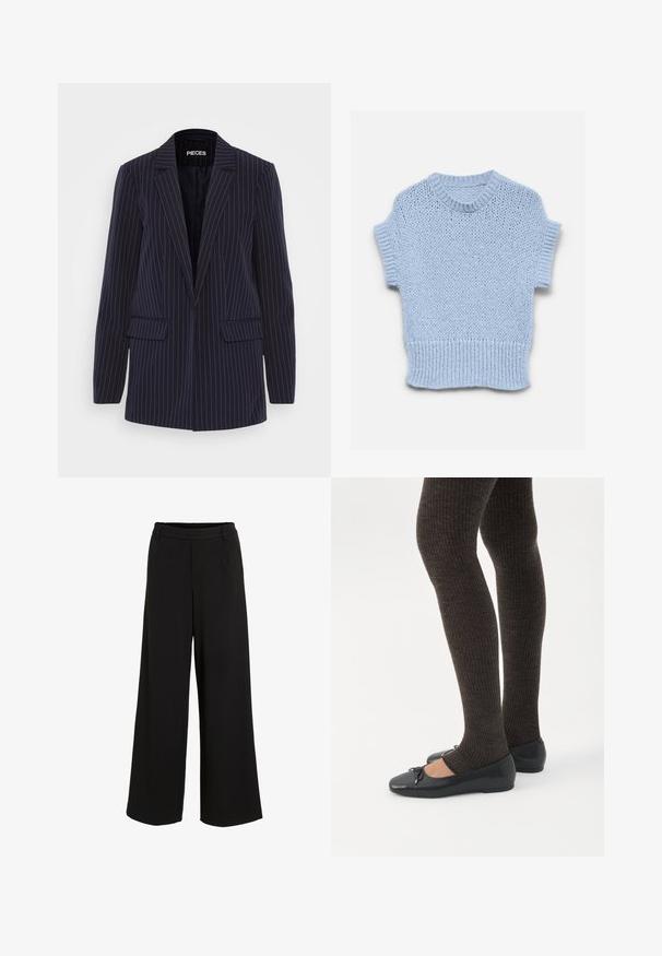 Blazer bleu marine à rayures verticales avec revers crantés, manches longues, poches à rabat et coupe ajustée.; Pull en tricot bleu clair à manches courtes avec encolure, poignets et ourlet côtelés, posé à plat sur un fond blanc.; Pantalons noirs à jambe large fabriqués dans un tissu lisse. Ils présentent une taille ajustée avec un détail de pli subtil et un design épuré, sans ornements.; Jambes portant des leggings côtelés foncés associés à des ballerines noires avec de petits détails en nœud sur fond blanc.