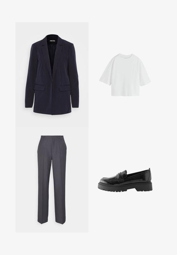 Marineblå blazer med smalle striber, med spaltestik, lange ærmer, klaplommer og en skræddersyet pasform.; Simpel hvid oversized T-shirt med korte ærmer, rund hals og løs pasform.; Skræddersyede grå bukser lavet af stof med en subtil tekstur, med en lige ben design og pressede folder langs forsiden.; Sorte lakerede loafers har en lav platformssål med en robust træd og en quiltet detalje over midtfoden.