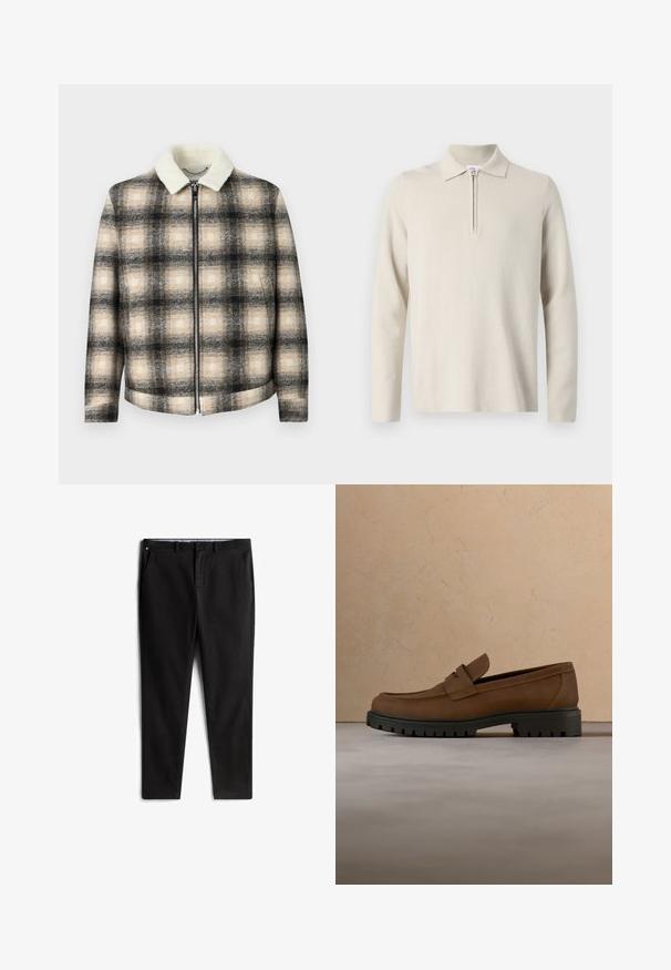 Geruite jas in zwart, beige en crème kleurenschema, met een ritssluiting en een zachte, witte nepbont kraag.; Crème-kleurige longsleeve poloshirt met een rits bij de kraag, gemaakt van zachte, gestructureerde stof, met een klassieke pasvorm en een minimaal ontwerp.; Zwarte chino's van een katoenmix, met een recht model, voorzakken en een subtiele logo-detail op de tailleband.; Donkerbruine leren loafer met dikke zwarte rubberen zool, getoond boven een beige tapijt en bankachtergrond.