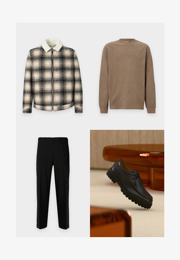 Rutet jakke med et sort, beige og creme farveskema, der har en lynlås foran og en blød, hvid falsk pelskrave.; Brun ribbet langærmet sweater med rund hals og tætsiddende manchetter. Blød tekstur og enkelt design, velegnet til hverdag.; Sorte bukser lavet af glat stof, med lige snit, to forlommer og lynlås med knaplukning.; Sort tekstureret lædersko med snørebånd og tyk rillet sål, mærket "HUGO" nær hælen, vist mod et beige tæppe og ravfarvet møbel.