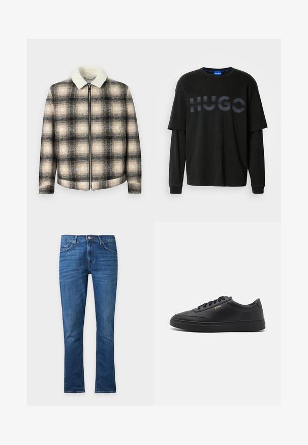 Geruite jas in zwart, beige en crème kleurenschema, met een ritssluiting en een zachte, witte nepbont kraag.; Zwarte oversized t-shirt met een ronde hals. Heeft een opvallend mat zwart "HUGO" logo over de borst. Gemaakt van zacht katoen, met lange mouwen.; Rechte blauwe denim jeans met knoop aan de voorkant, ritssluiting en ontwerp met vijf zakken, frontaal getoond op een effen achtergrond.; Zwarte leren sneakers met een gladde textuur, ronde neus, platte rubberen zool en tonale veters. Kenmerkt zich door de gouden "BOSS" branding aan de zijkant.