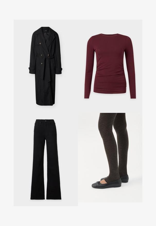 Trench-coat long noir avec larges revers, boutons croisés, ceinture à la taille et manches retroussées sur fond blanc.; Chemise bordeaux ajustée à manches longues avec un léger froncé sur un côté, encolure ronde, présentée sur fond blanc.; Jean noir taille haute avec fermeture bouton et fermeture éclair, poches avant, passants de ceinture et jambes larges évasées.; Jambes portant des leggings côtelés foncés associés à des ballerines noires avec de petits détails en nœud sur fond blanc.