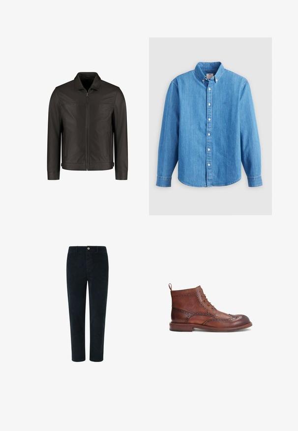 Chaqueta de cuero marrón oscuro con cremallera frontal, dos bolsillos laterales verticales y un collar clásico, exhibida sobre un fondo blanco.; Camisa de mezclilla azul claro con mangas largas, cuello abotonado y botones blancos. Presenta un pequeño logo bordado en el pecho.; Pantalones de canalé de color azul marino oscuro con corte recto, con cierre de botón en la parte frontal y bolsillos laterales, textura suave y costuras mínimas.; Botas de cuero marrón con detalles de brogue decorativos, puntera redonda, diseño de cordones y un tacón bajo. Incluye una tira en la parte trasera para facilitar el calzado.