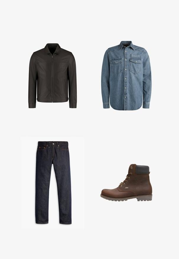 Chaqueta de cuero marrón oscuro con cremallera frontal, dos bolsillos laterales verticales y un collar clásico, exhibida sobre un fondo blanco.; Camisa de mezclilla azul claro con mangas largas, frente abotonado, dos bolsillos en el pecho y un parche en relieve. Presenta un diseño clásico de estilo western.; Vaqueros de denim azul oscuro con corte recto, diseño de cinco bolsillos, remaches de cobre, costuras amarillas y una tela texturizada distintiva.; Botín de cuero marrón con acentos negros, ojales metálicos, diseño de cordones, suela texturizada y detalle impermeable en el lateral.