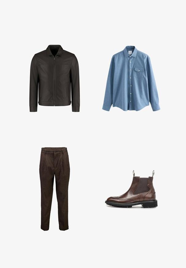 Chaqueta de cuero marrón oscuro con cremallera frontal, dos bolsillos laterales verticales y un collar clásico, exhibida sobre un fondo blanco.; Camisa azul claro de manga larga con botones, cuello y un bolsillo en el pecho con botón, colocada extendida sobre un fondo blanco.; Pantalones marrones de lana para hombre con pliegues delanteros, cierre de botones y trabillas para cinturón, mostrados sobre un fondo blanco.; Bota Chelsea de cuero marrón con detalles brogue, paneles laterales elásticos negros, tiradores y una suela gruesa de goma negra.