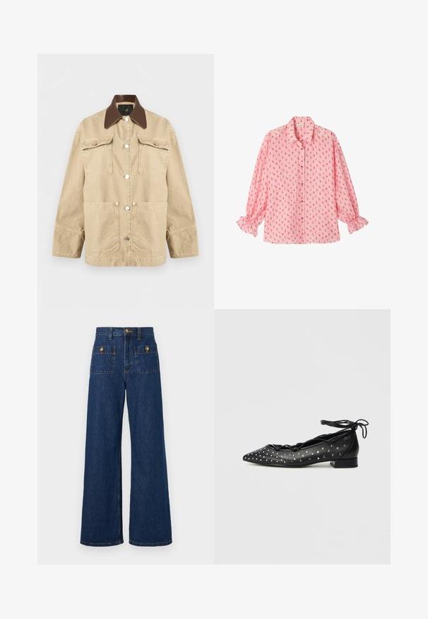 Veste beige à manches longues avec col pointu marron foncé, quatre poches avant et fermetures à boutons-pression argentés au centre.; Blouse rose à manches longues avec motif de voilier rouge, fermeture boutonnée sur le devant, col avec col et poignets à volants.; Jean denim bleu foncé taille haute à jambes larges avec deux poches carrées à l'avant sécurisées par des rabats à boutons dorés et une fermeture à bouton doré à la taille.; Ballerines en cuir noir avec bout pointu, design à lacets et accents à clous argentés sur les côtés. Profil à talon bloc bas.