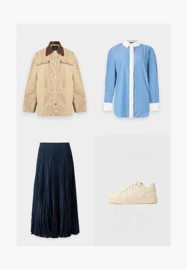 Veste beige à manches longues avec col pointu marron foncé, quatre poches avant et fermetures à boutons-pression argentés au centre.; Chemise bleue à manches longues avec des rayures verticales blanches, un col blanc, une patte de boutonnage avant blanche et des poignets blancs avec boutons.; Jupe midi plissée bleu marine avec ceinture élastique et plis verticaux uniformément espacés s'étendant de la taille à l'ourlet.; Baskets en toile beige avec une silhouette arrondie, un lacet à l'avant, des coutures accentuées texturées et une semelle en caoutchouc. Design simple et minimal.