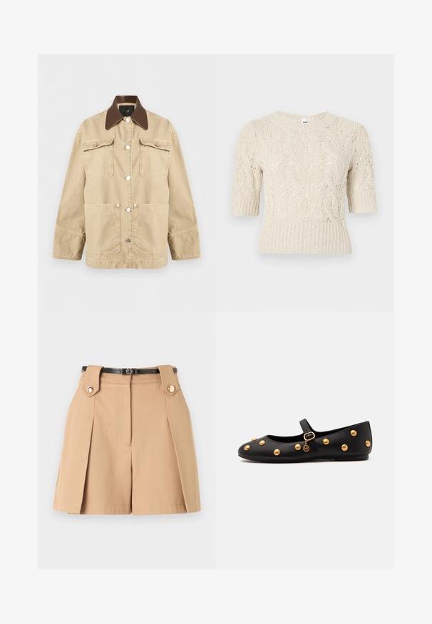 Veste beige à manches longues avec col pointu marron foncé, quatre poches avant et fermetures à boutons-pression argentés au centre.; Pull en maille à manches courtes crème avec motif torsadé et ourlet et poignets côtelés, présentant un col rond.; Shorts beige taille haute avec larges passants de ceinture, détails de boutons dorés, plis latéraux, et une ceinture noire fine avec boucle décorative dorée.; Chaussure plate Mary Jane noire avec des clous ronds dorés, une bride à boucle dorée et un petit charme doré suspendu à la bride.