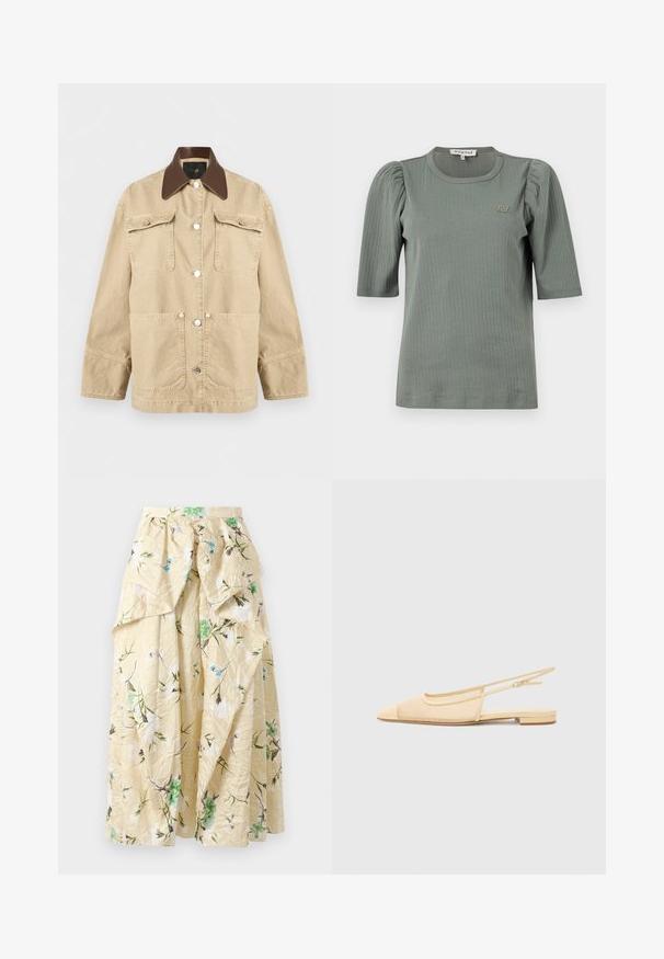 Veste beige à manches longues avec col pointu marron foncé, quatre poches avant et fermetures à boutons-pression argentés au centre.; T-shirt en maille côtelée verte avec manches courtes ballon, col rond et un logo subtil sur la poitrine. Texture lisse et coupe ajustée.; Jupe maxi florale en tissu jaune froissé, ornée de motifs floraux verts et bleus, taille haute et volants superposés pour du volume.; Chaussure plate slingback en beige clair avec une tige en maille, un bout pointu et un petit talon. Dotée d'une sangle ajustable pour un bon maintien.