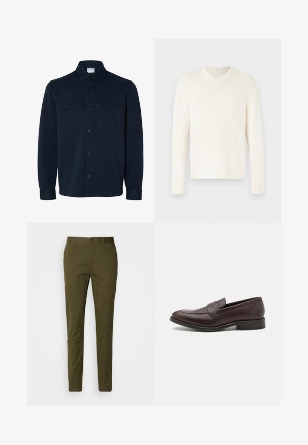 Veste-chemise bleu marine foncé à manches longues, avec col et deux poches poitrine à rabats boutonnés.; Pull-over en V en blanc cassé, tricot texturé. Manches longues, coupe décontractée, et poignets et ourlet côtelés. Design simple sans embellissements supplémentaires.; Pantalons vert olive en coton lisse, dotés d'une fermeture à bouton, d'une coupe ajustée et de détails de couture minimalistes sur la taille.; Mocassin en cuir marron avec une finition lisse, des détails couture sur le bout et un petit talon empilé. Design minimaliste sans aucune marque visible.