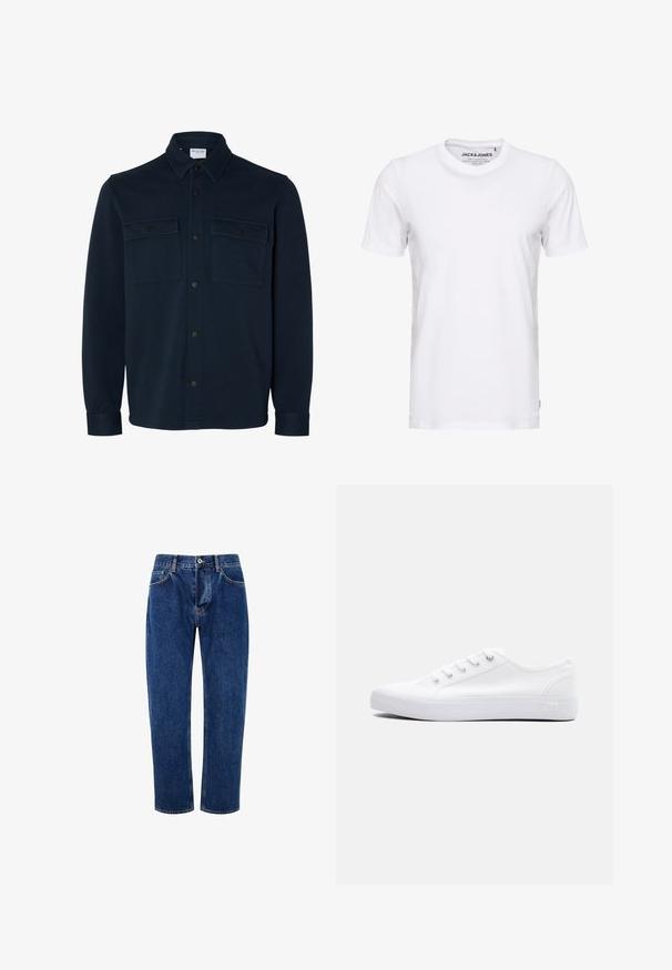 Veste-chemise bleu marine foncé à manches longues, avec col et deux poches poitrine à rabats boutonnés.; T-shirt blanc à manches courtes en coton, avec un col rond et un design simple. Étiquette de marque visible au niveau du cou. Aucun motif ni accent.; Jean en denim bleu moyen, avec une coupe droite, cinq poches et une fermeture à bouton avec un détail en rivet métallique.; Baskets basses en toile blanche avec lacets blancs, semelle en caoutchouc et œillets métalliques, vues de côté extérieur sur un fond uni.