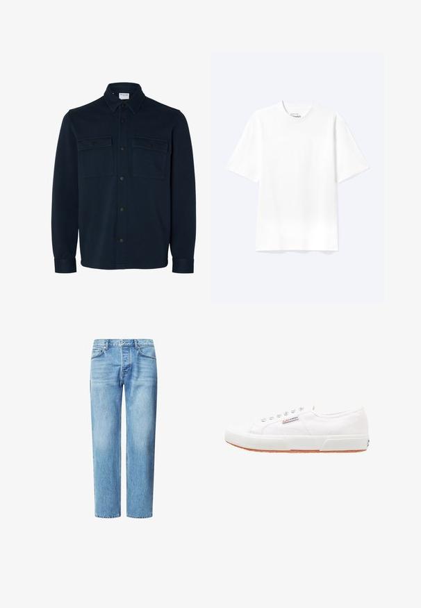 Skjortejakke i mørk marineblå med lange ærmer, krave og to brystlommer med knapklapper.; Enkel hvid T-shirt med korte ærmer og rund hals med afslappet pasform, vist på en lys baggrund.; Lyseblå denimjeans med lige ben, fem lommer og klassisk knap- og lynlåslukning. Subtil falmet tekstur i hele stoffet.; Hvide kanvas sneakers med gummisål, snørebåndsdesign og et lille logo mærke på siden. Tekstureret hvid overdel og brun ydersål.