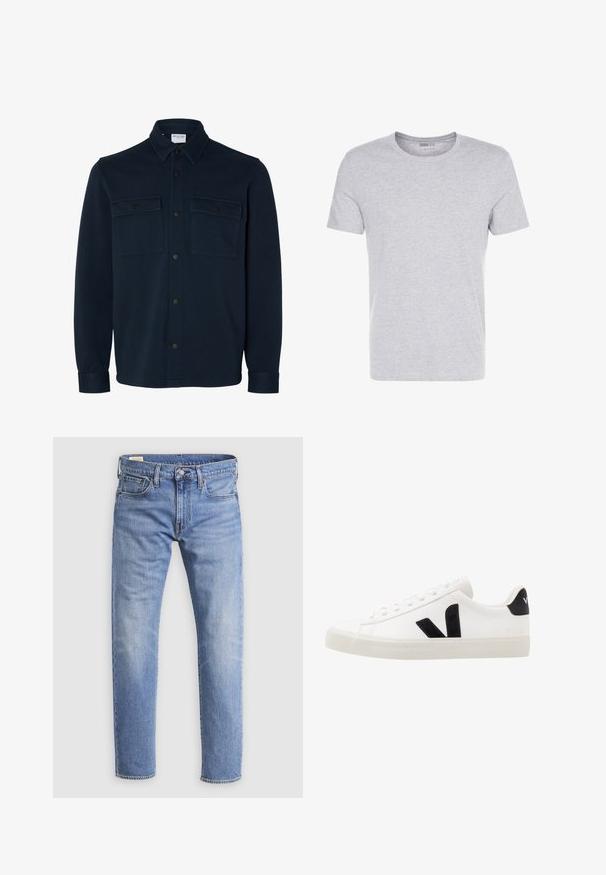 Skjortejakke i mørk marineblå med lange ærmer, krave og to brystlommer med knapklapper.; Grå bomulds T-shirt med rund hals, korte ærmer og et enkelt design, som har en blød, glat tekstur uden synlige mønstre eller udsmykninger.; Lyseblå denimjeans med forsideknaplukning, bæltestropper og fem-lomme-design vist mod en hvid baggrund.; Hvide lædersneakers med sorte ruskindsdetaljer; har en gummisål, rund tå og klassisk snørebåndsdesign. Side logo i sort.