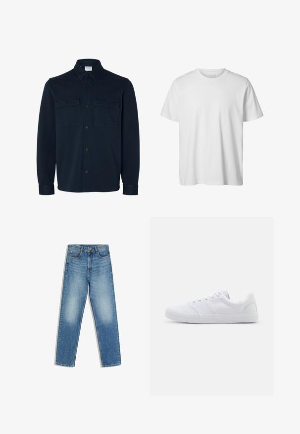 Skjortejakke i mørk marineblå med lange ærmer, krave og to brystlommer med knapklapper.; Enkelt hvid T-shirt med korte ærmer og rund hals, løs pasform og uden synlige logoer eller designs foran.; Blå denimjeans med høj talje, forreste knap og lynlås, to forlommer og falmede områder på lår og knæ.; Hvide lærreds sneakers med gummisål, der har seks snørehuller, en struktureret tåkap og et minimalistisk design.